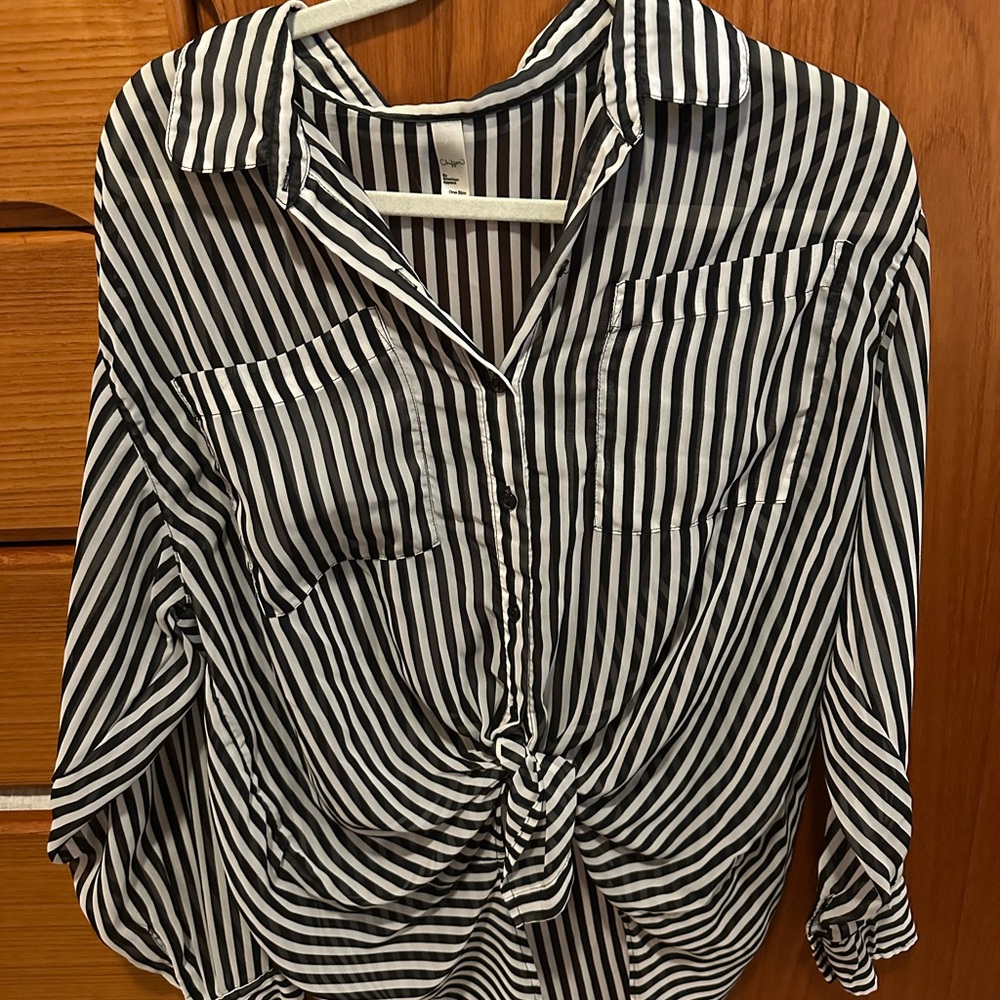 Black and White Striped semi sheer Women's button up shirt